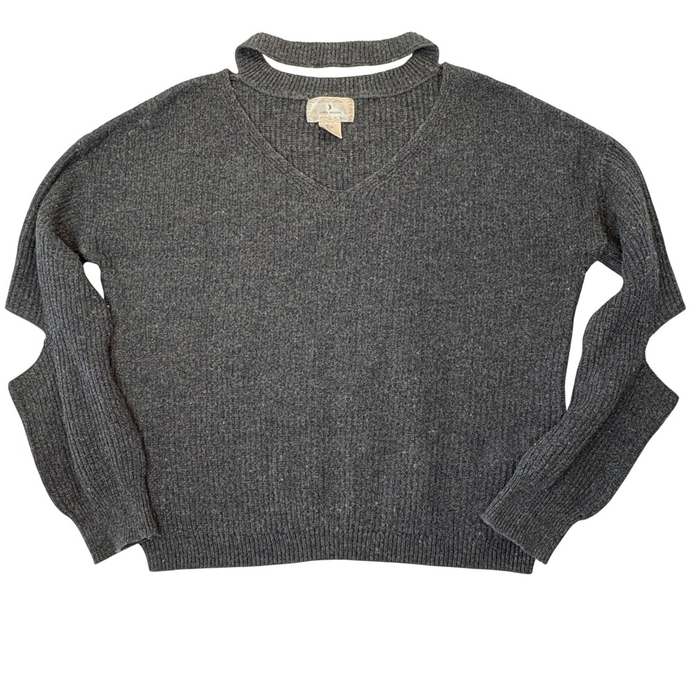 Ruby Moon Womens Gray Cold‎ Shoulder Choker V-Neck Knit Sweater Large RN75343